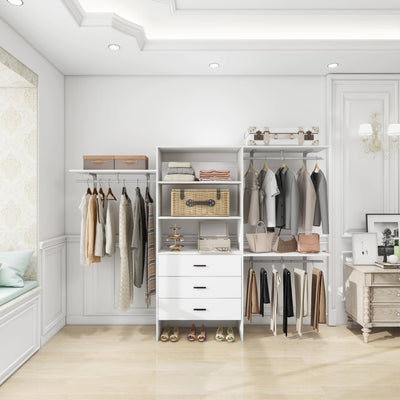 306 Closet Organizer System with Closet Shelves Wall Mounted, White Clothing Racks for Hanging Clothes, Clothes Organizer with Closet Drawers, Wooden Wardrobe Closet System with Hanging Rod - KENDRI SHOP