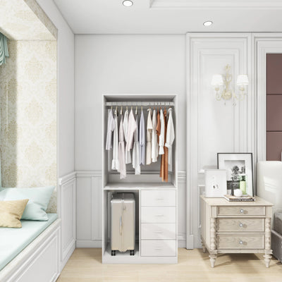 White Wood Closet System Storage Stand-Alone Wardrobe with 4 Drawers Closet Organizer Armoires and Wardrobeswith Hanging Rod 31.5"W x 15.7"D x 70.8"H - KENDRI SHOP