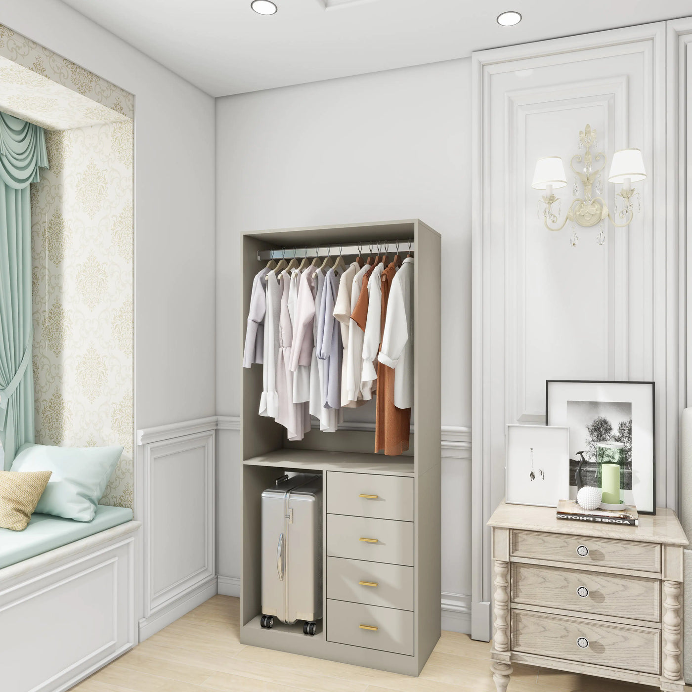 305 GreyCloset System: Walk-in Closet Organizer System with 4 Drawers Closet Kit with Shelves Hanging Rod Metal Handles Built-in Storage Organization 31.5"W x 15.7"D x 70.8"H - KENDRI SHOP