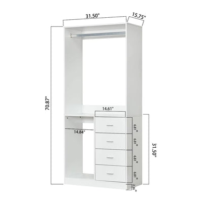 White Wood Closet System Storage Stand-Alone Wardrobe with 4 Drawers Closet Organizer Armoires and Wardrobeswith Hanging Rod 31.5"W x 15.7"D x 70.8"H - KENDRI SHOP