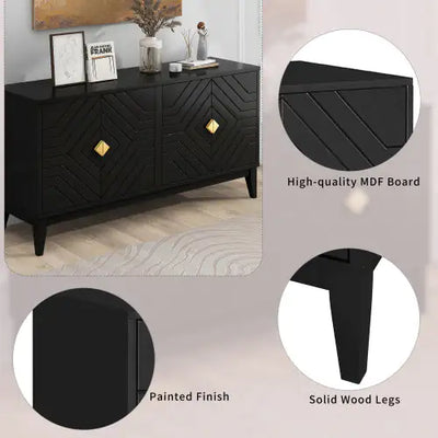 4-door Sideboard Storage Cabinet For Living And Dining Room, Two Large Cabinets With Gold Handle And Adjustable Shelves, Black - KENDRI SHOP