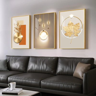 Framed Modern Luxury Gold Large Wall Art for Living Room Set of 3 Piece Contemporary Paintings Artwork for Walls Golden Prints with Gold Frame Big Pictures for Hallway Office Wall Decor 24x36 Inch - KENDRI SHOP