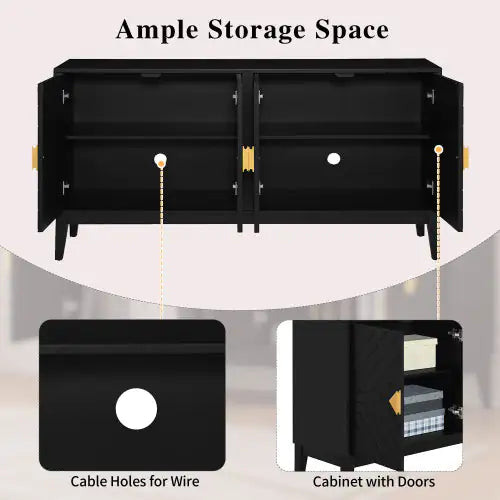 4-door Sideboard Storage Cabinet For Living And Dining Room, Two Large Cabinets With Gold Handle And Adjustable Shelves, Black - KENDRI SHOP