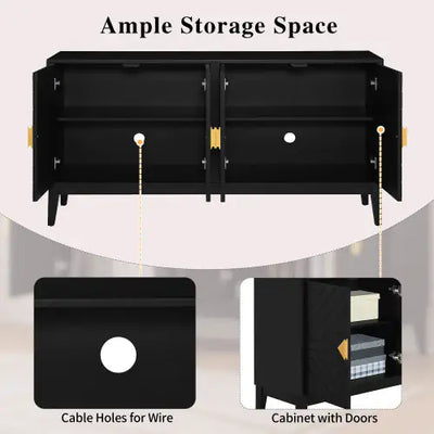 4-door Sideboard Storage Cabinet For Living And Dining Room, Two Large Cabinets With Gold Handle And Adjustable Shelves, Black - KENDRI SHOP
