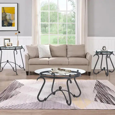 2 Piece Tempered Glass Finished Coffee Table Set With Decorative Coffee Table Round End Side Table - KENDRI SHOP