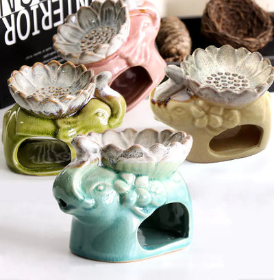 Lotus Ice Crack Elephant Aromatherapy Burner, Ceramic - KENDRI SHOP
