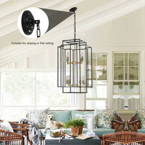 8 Lights Black & Gold Lantern Tiered Chandelier, Industrial Farmhouse Chandelier - No Bulbs Unavailable Platform- Temu - KENDRI SHOP