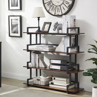 Industrial 4-tier Bookshelves, Metal And Wood Bookshelves, Open Widescreen Storage Bookshelves - KENDRI SHOP