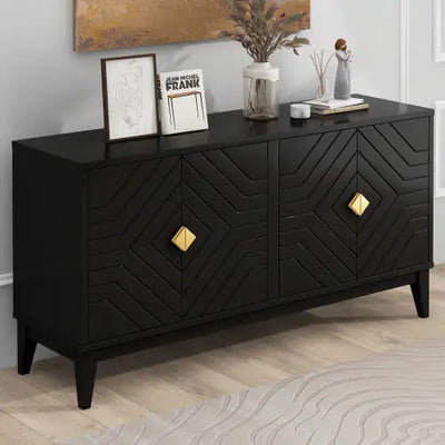 4-door Sideboard Storage Cabinet For Living And Dining Room, Two Large Cabinets With Gold Handle And Adjustable Shelves, Black - KENDRI SHOP